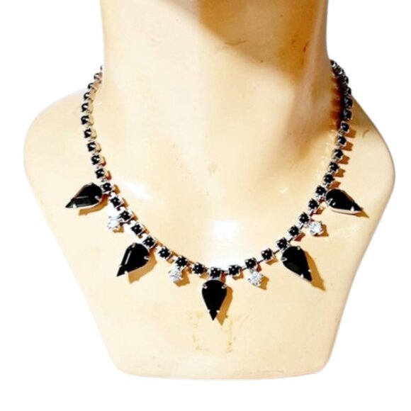 1960s True Vintage Short Necklace Choker With Black And Clear Rhinestones - Picture 3 of 5